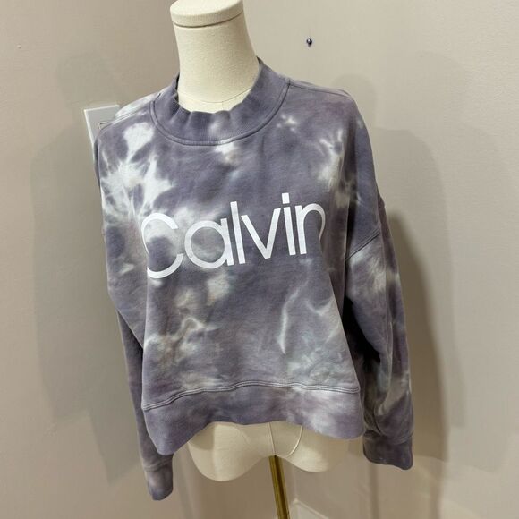 Calvin Klein Tie Dye Crop Crew Logo Sweatshirt, Color Sky‎ Blue, Size Medium. - Picture 1 of 4